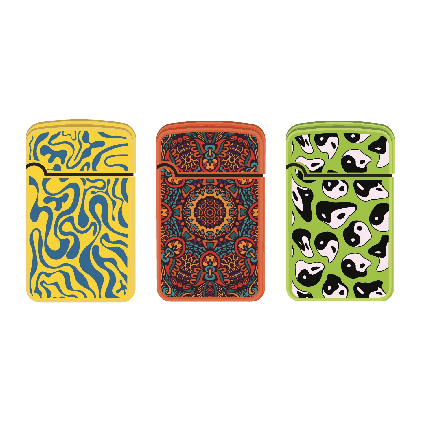 Front view of the three Zengaz Lighter 3 Packs, each uniquely patterned in vibrant colors against a plain white background.