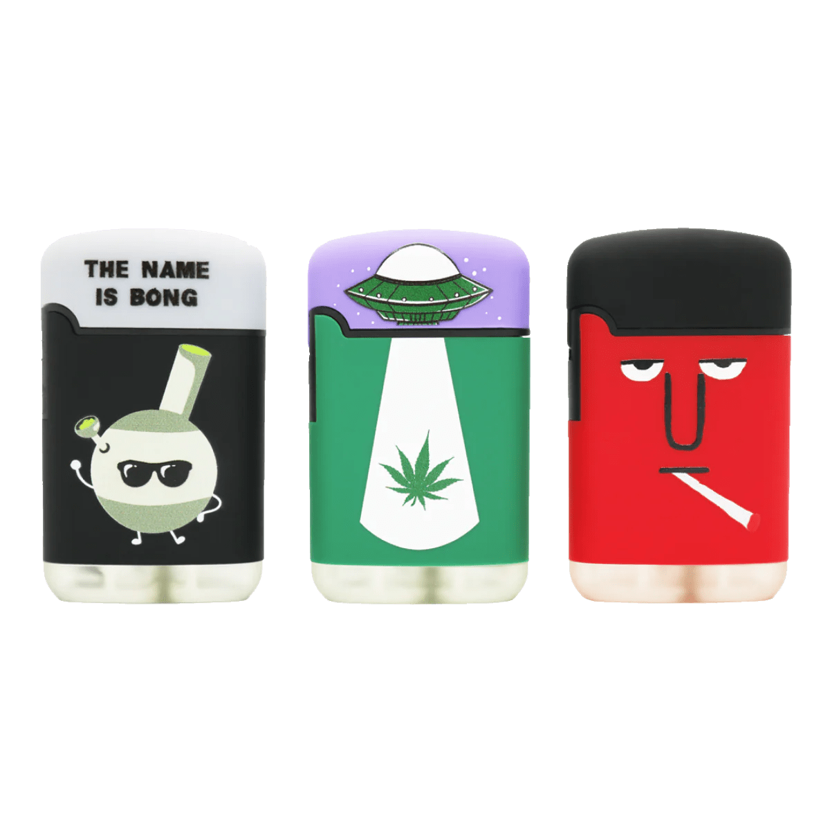 A vibrant close-up of the Zengaz Lighter 3 Packs, showcasing three lighters in red, green, and black with cartoon face designs.