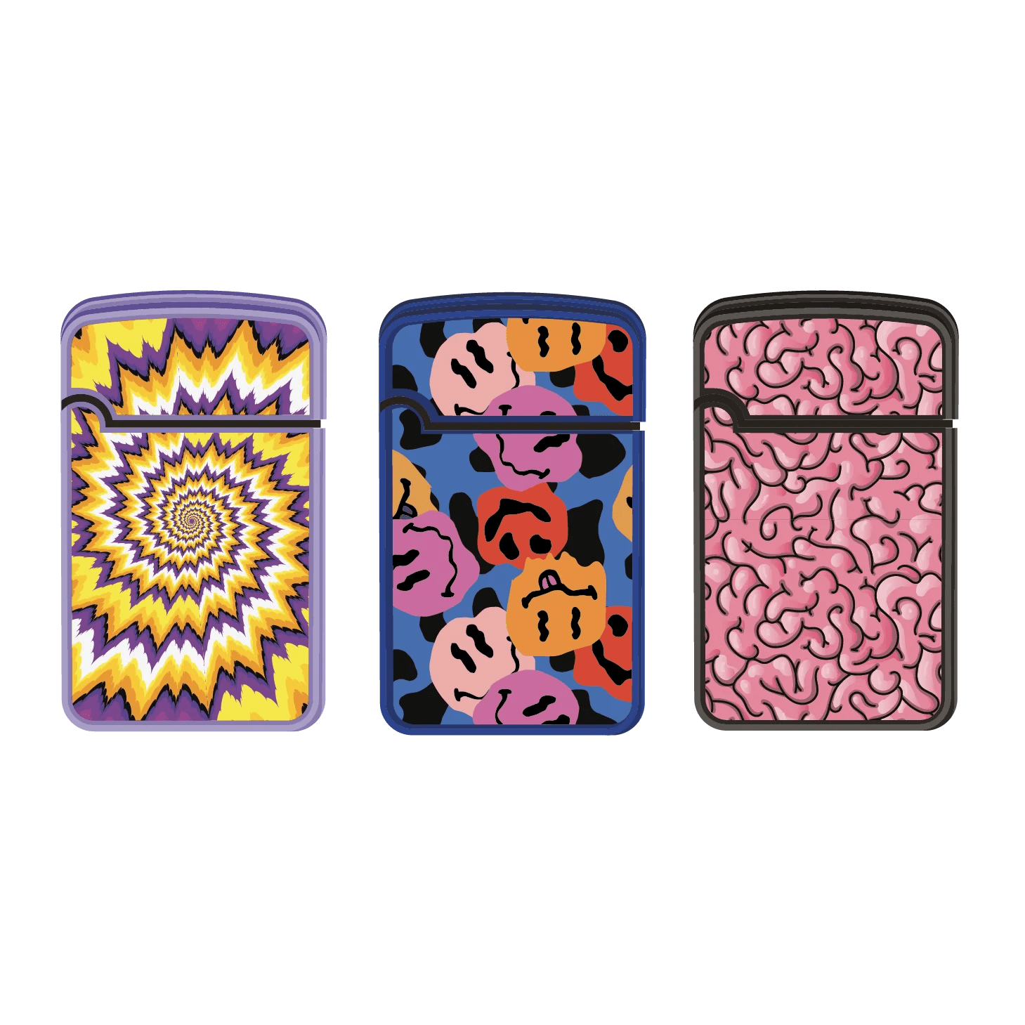 Front view of the Zengaz Lighter 3 Packs, showing three lighters with vibrant, patterned designs against a plain white background.