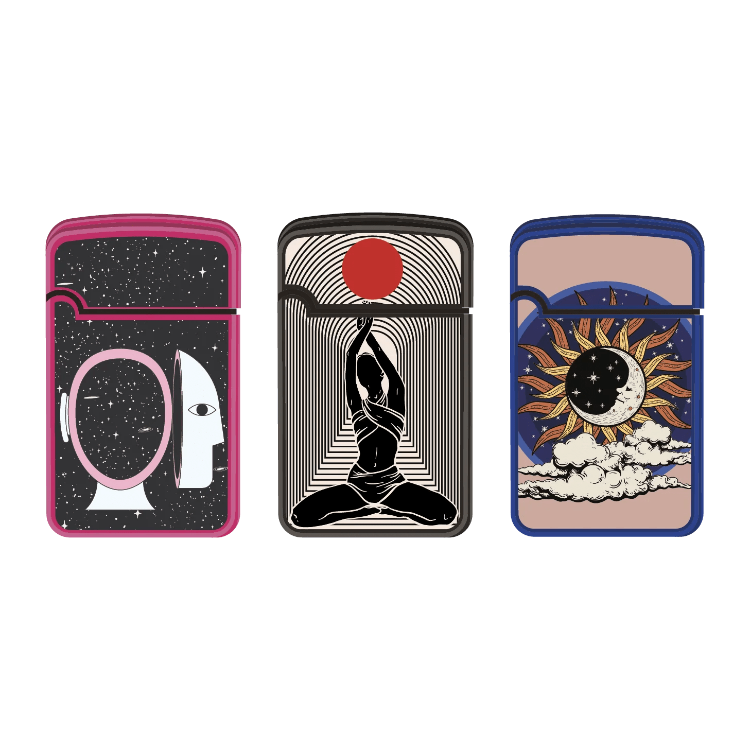 A side view of the Zengaz Lighter 3 Packs, each featuring a unique design on a metallic silver finish.