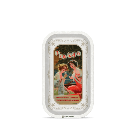A top-down view of the Zig Zag Lanterns Rolling Tray featuring a vintage-style illustration within a circular border.