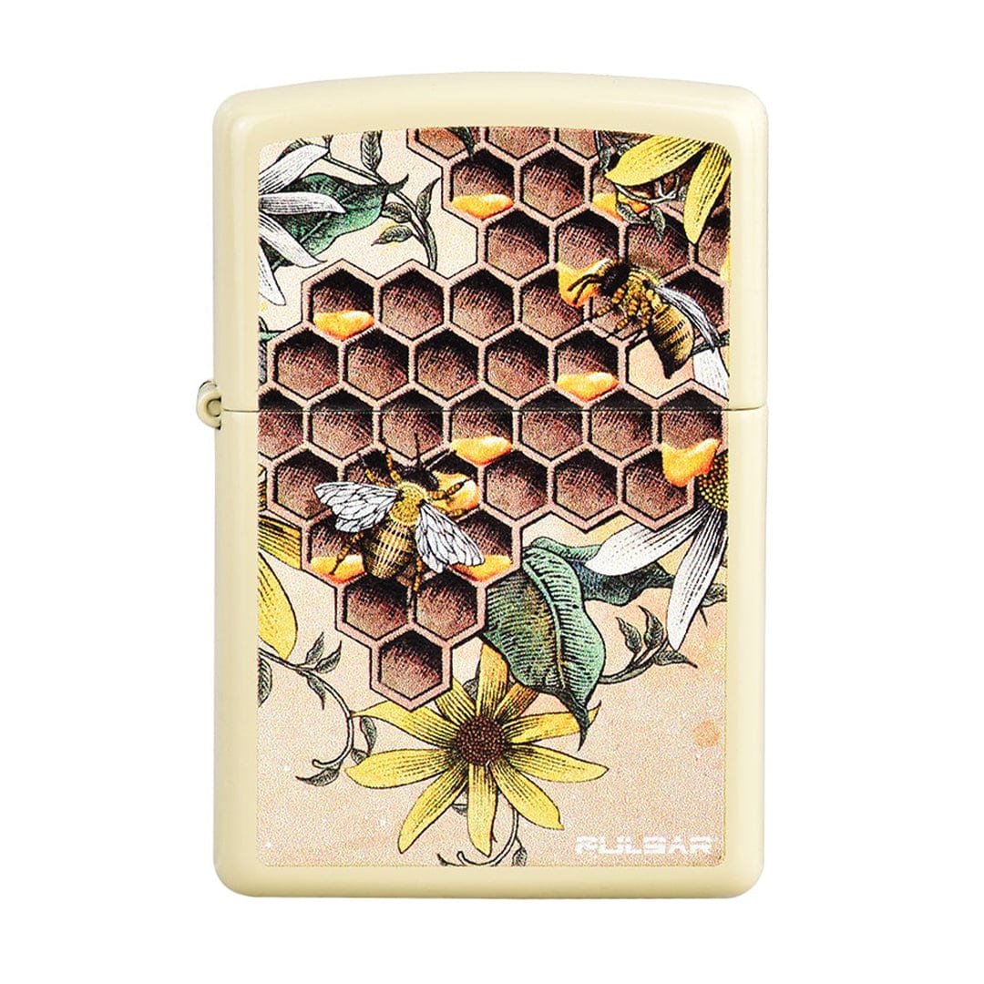 A close-up of the Classic Wind Proof Lighters decorated with a detailed honeybee and honeycomb pattern on a golden background.