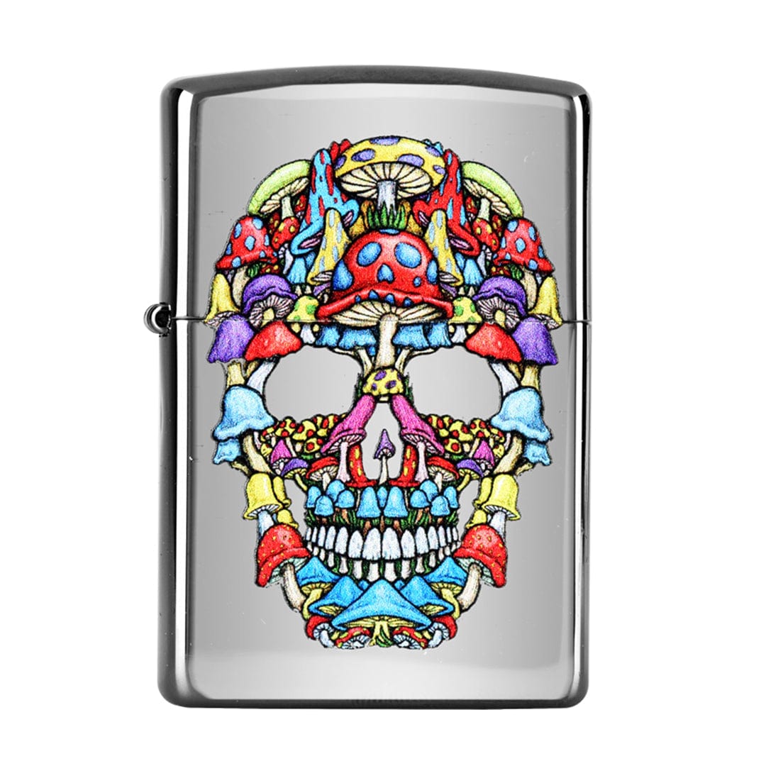 Front view of the Classic Wind Proof Lighters with a mushroom-themed design covering the metallic silver casing.