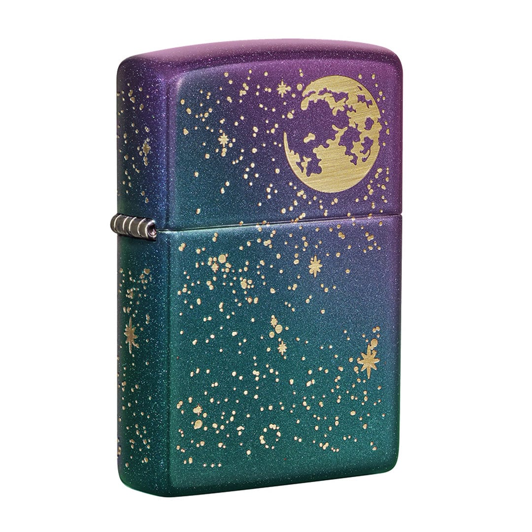 A three-quarter view of the Classic Wind Proof Lighters, showcasing a dark, speckled surface with a golden crescent moon design.