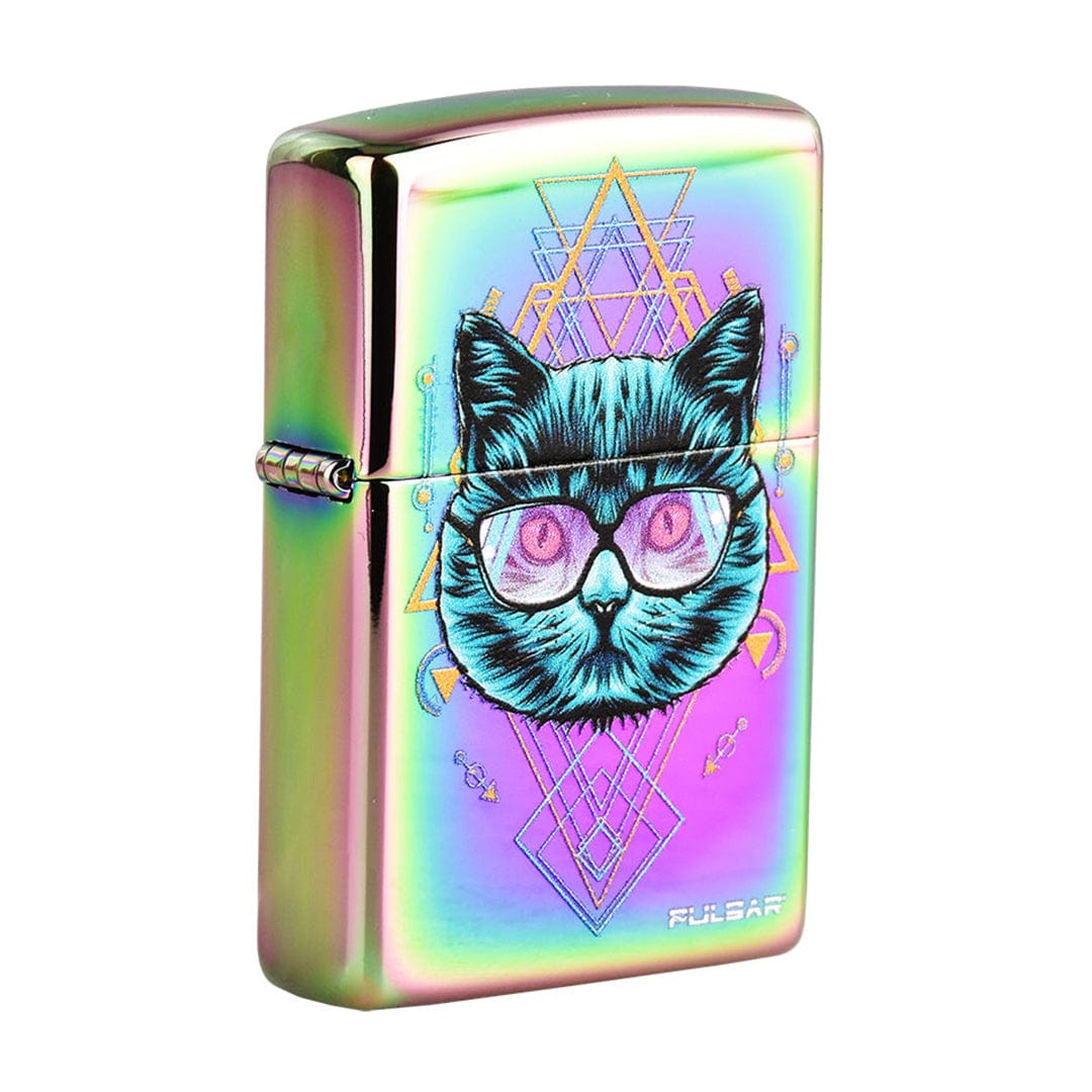 Classic Wind Proof Lighters display a close-up side view with a colorful cat portrait design on a metallic finish.