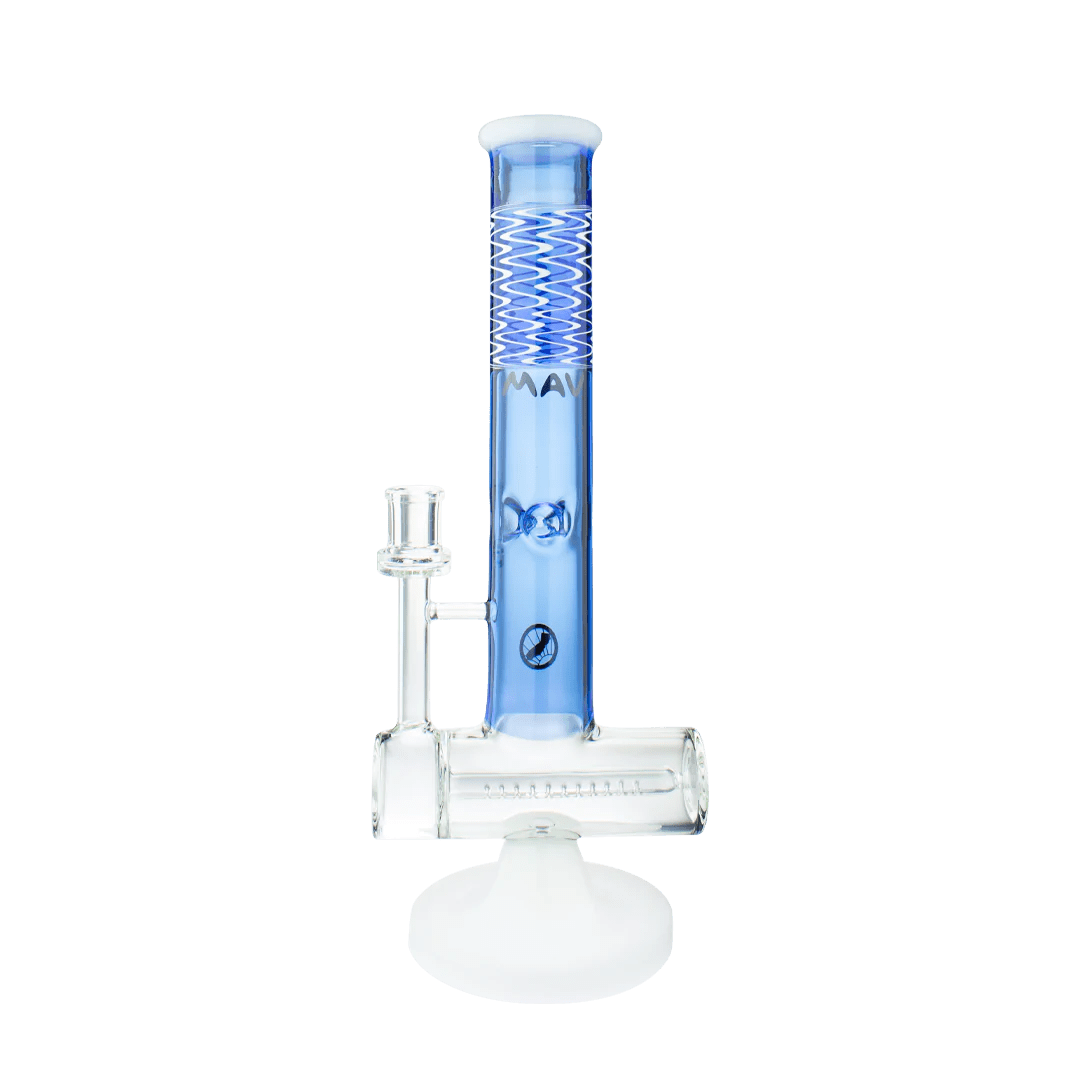 MAV Glass Bong Blue and White Slitted Inline Wig Wag Reversal Top Bong