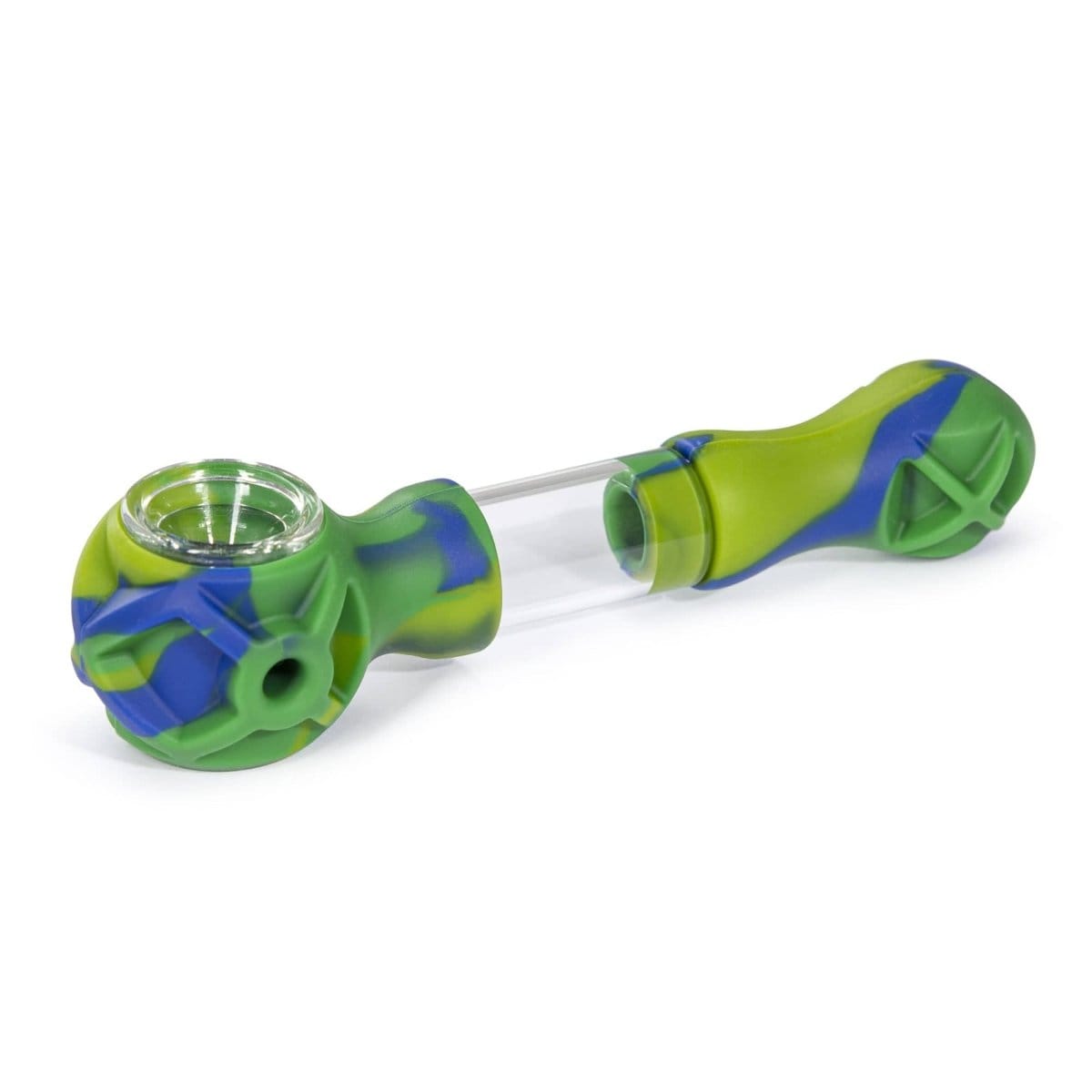 A close-up, angled view of the Hybrid Silicone and Glass Spoon with Translucent Chamber, showcasing its curved shape and clear glass section.