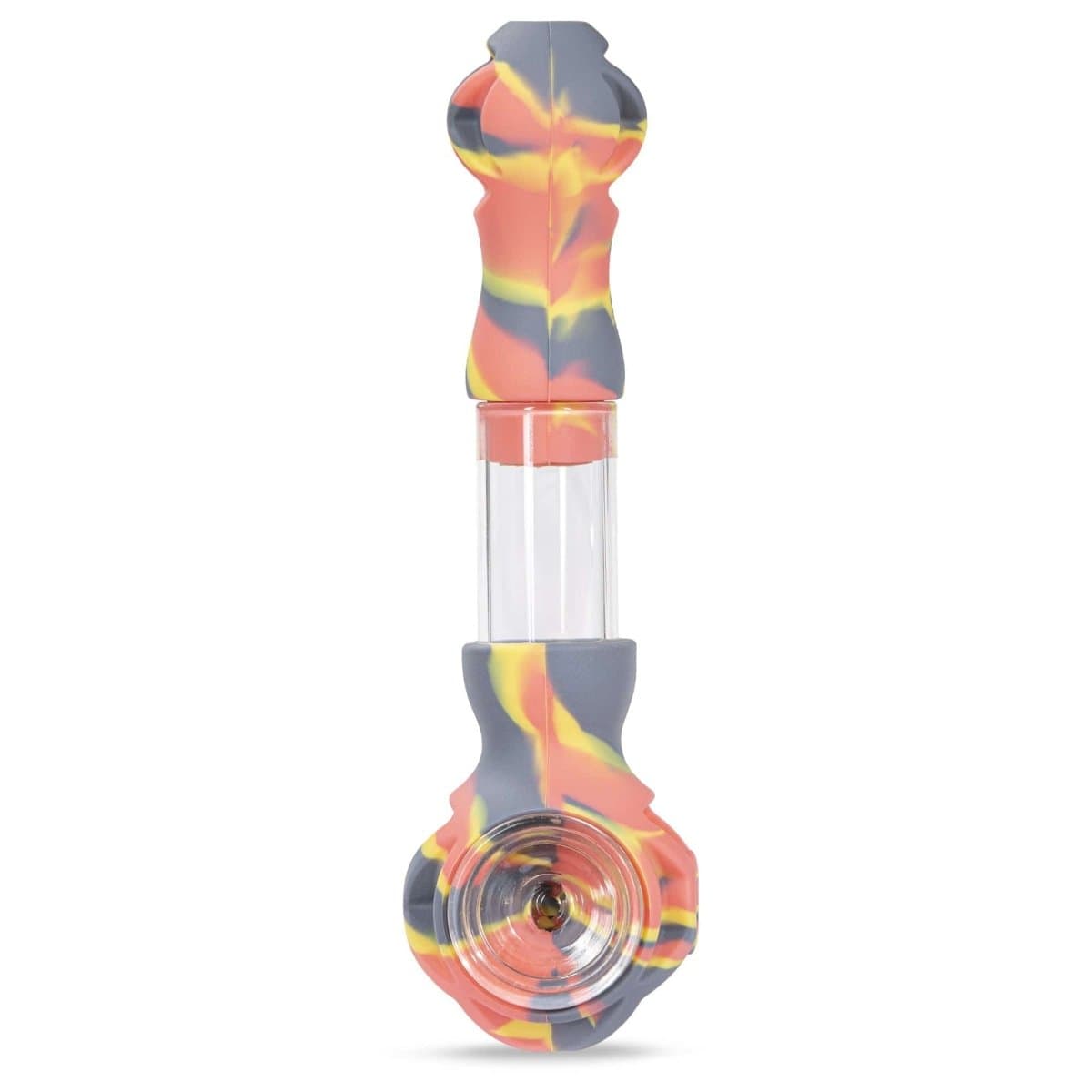 Front view of the Hybrid Silicone and Glass Spoon with translucent chamber, featuring colorful silicone accents and a clear glass bowl.