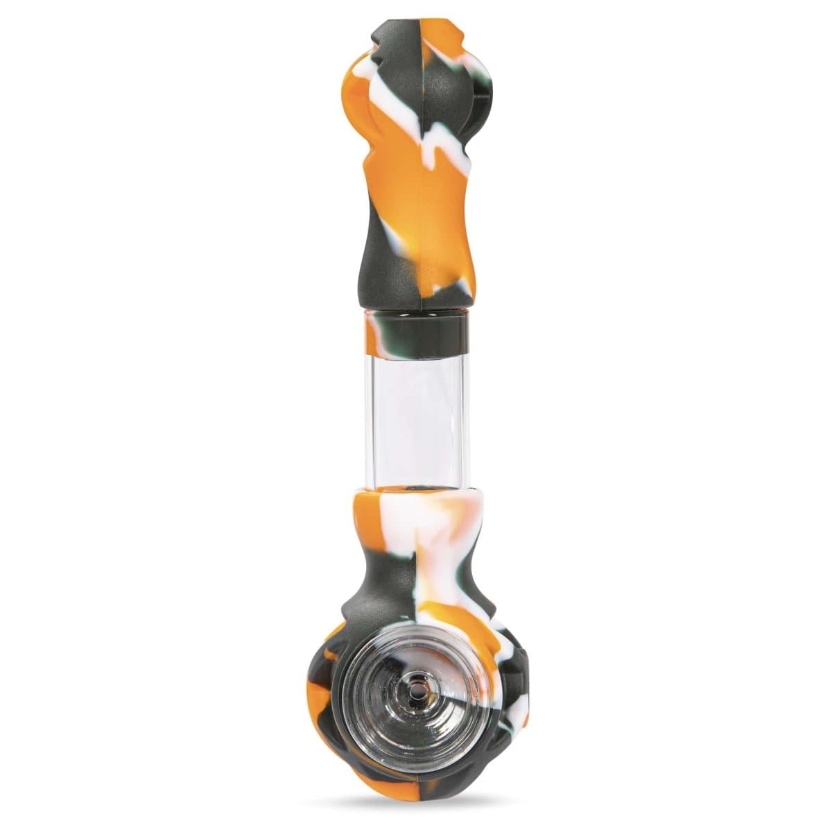 Front view of the Hybrid Silicone and Glass Spoon with a translucent chamber, displaying a unique orange and black design.