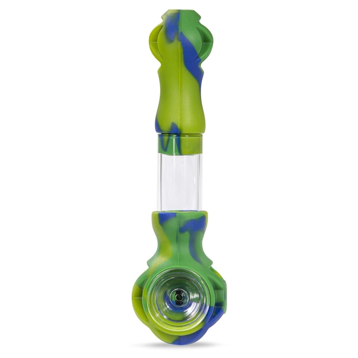Front view of the Hybrid Silicone and Glass Spoon with Translucent Chamber, showcasing its blended glass and silicone design.