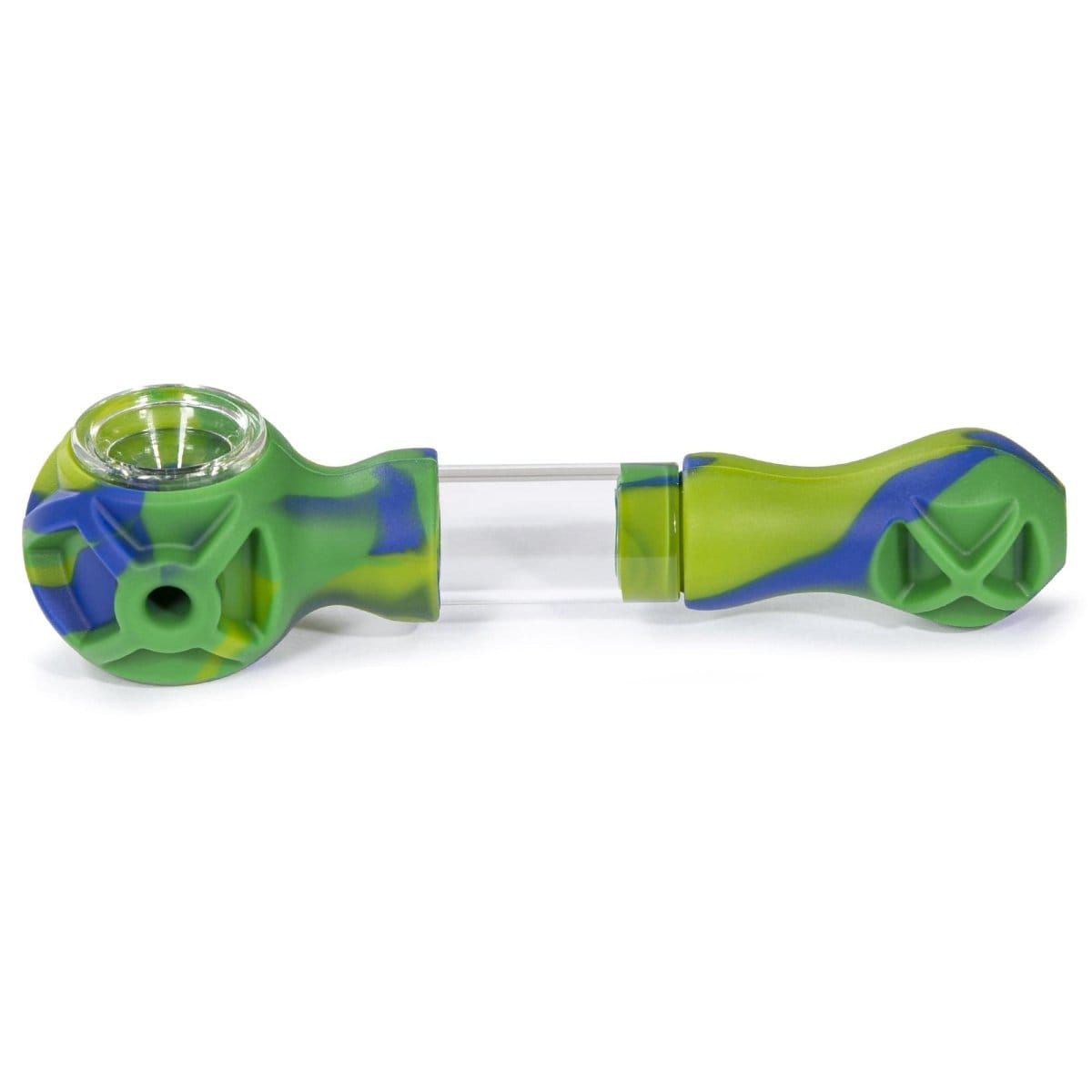 A close-up, angled view of the Hybrid Silicone and Glass Spoon with its translucent chamber and blue and green coloring.