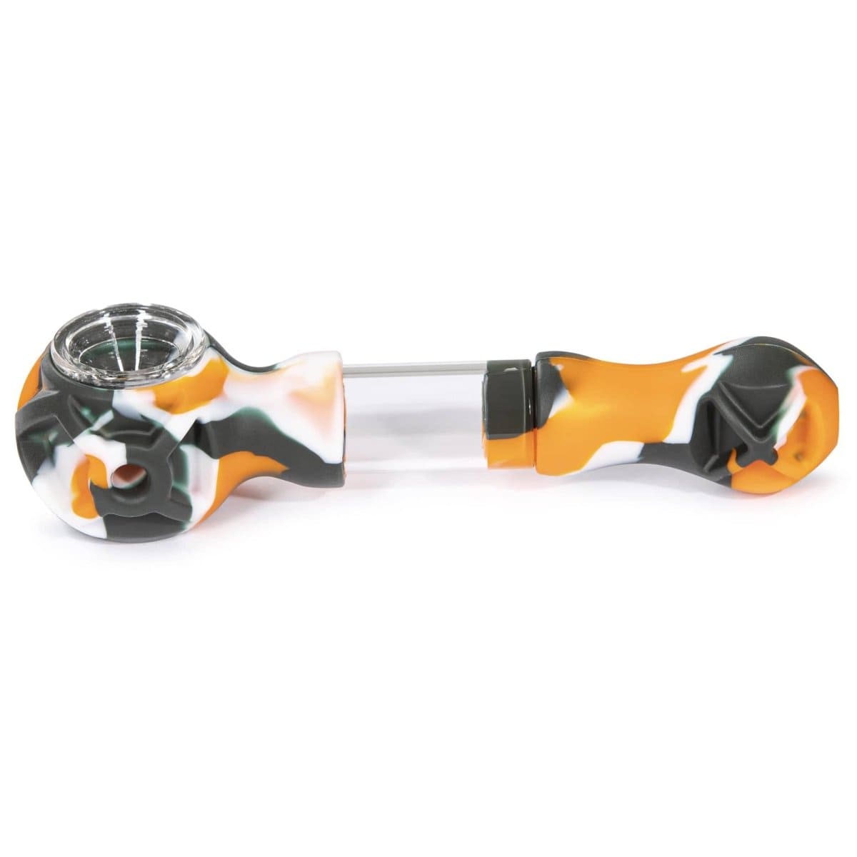 A side view of the Hybrid Silicone and Glass Spoon with translucent chamber, showcasing its curved design and clear glass bowl.