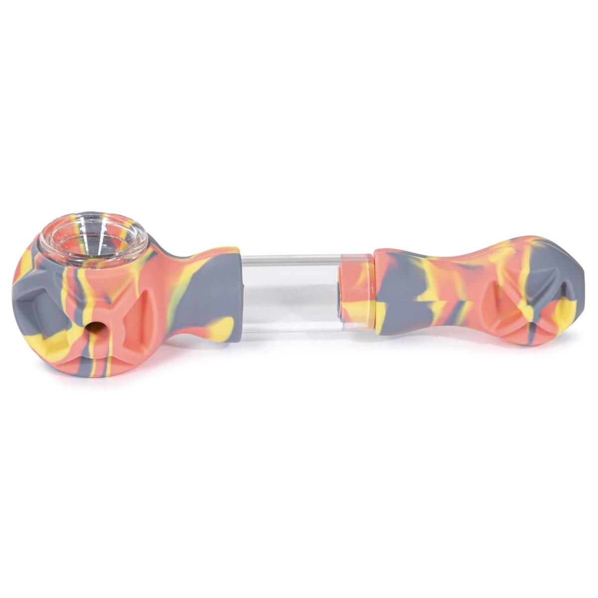 A side view of the Hybrid Silicone and Glass Spoon with its translucent chamber, showcasing the curved design and smooth, blended materials.