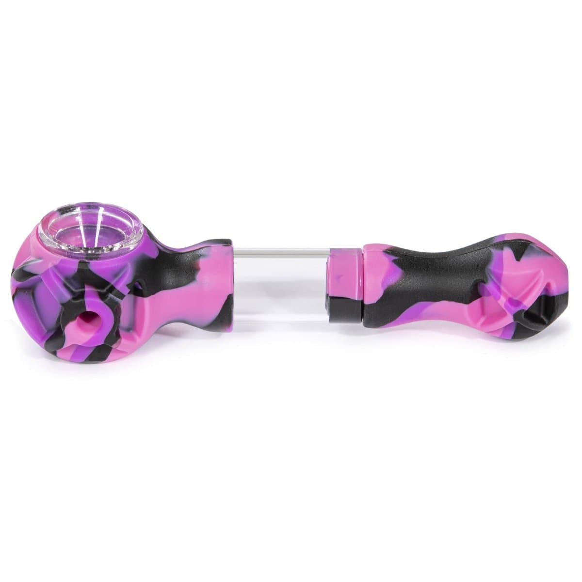 Front view of the Hybrid Silicone and Glass Spoon with a translucent chamber, angled on a white surface.