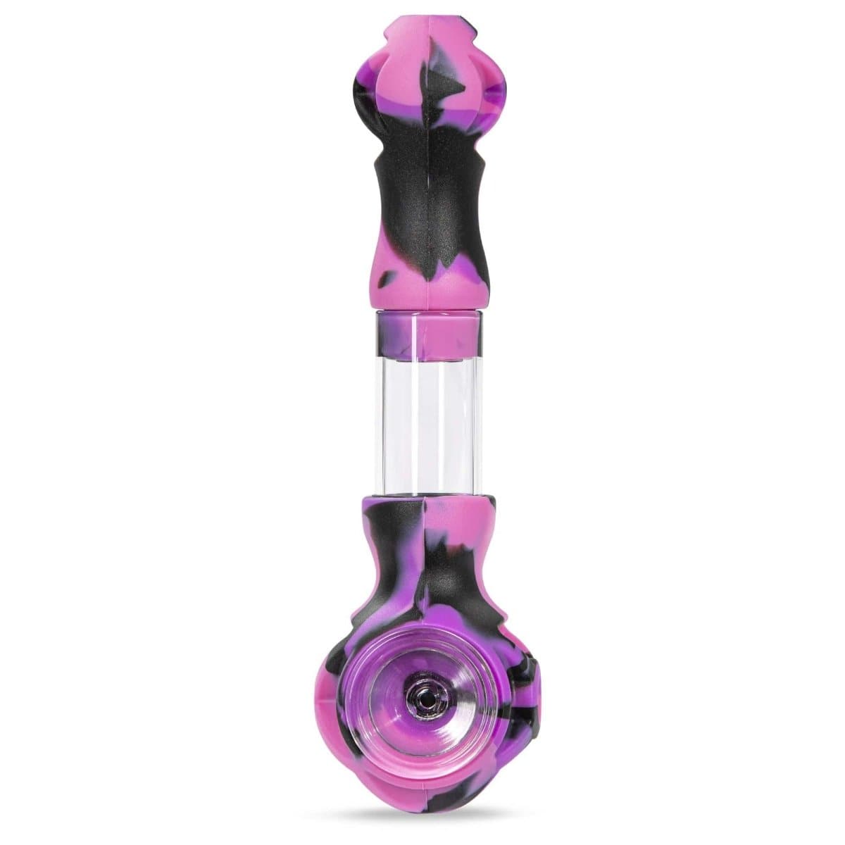 Front view of the Hybrid Silicone and Glass Spoon with Translucent Chamber, displaying its curved design and clear glass section.