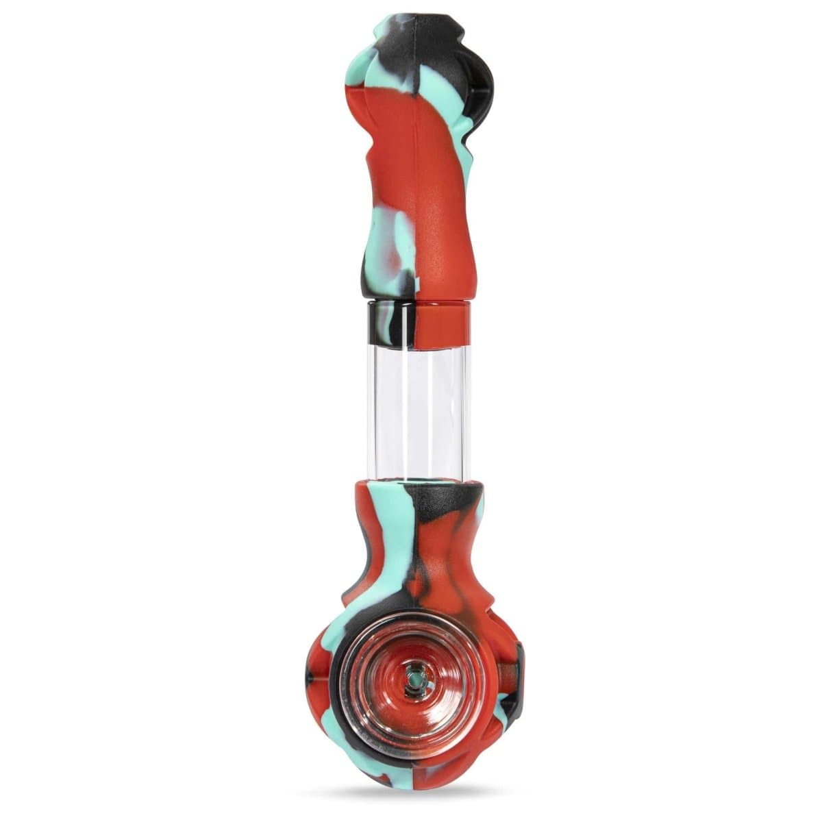 A front view of the Hybrid Silicone and Glass Spoon with translucent chamber, showcasing its curved shape and contrasting colors.
