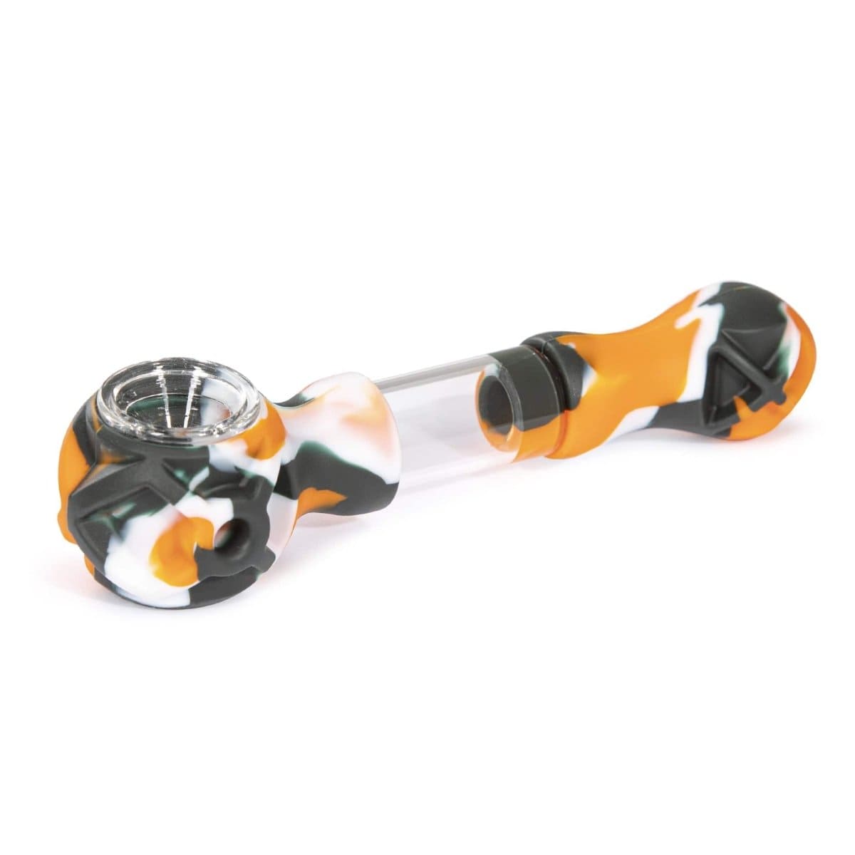 A side view of the Hybrid Silicone and Glass Spoon with Translucent Chamber, showcasing its curved shape and clear chamber.