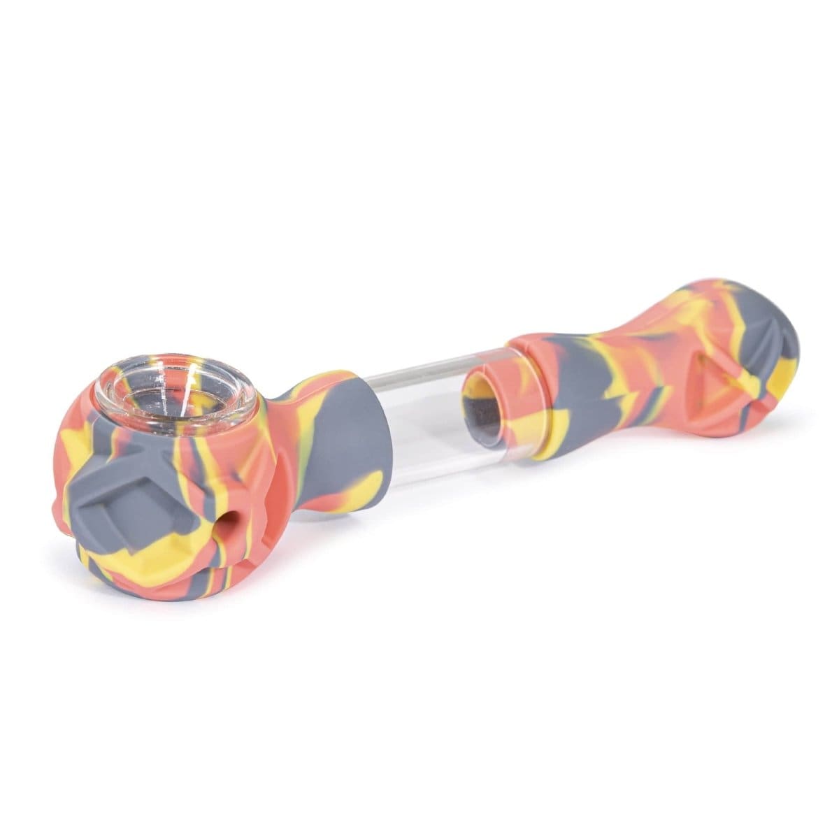 A close-up, angled view of the Hybrid Silicone and Glass Spoon with translucent chamber, featuring a colorful, patterned grip.