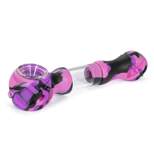 Close-up view of the Hybrid Silicone and Glass Spoon with translucent chamber, showing its pink and black design.