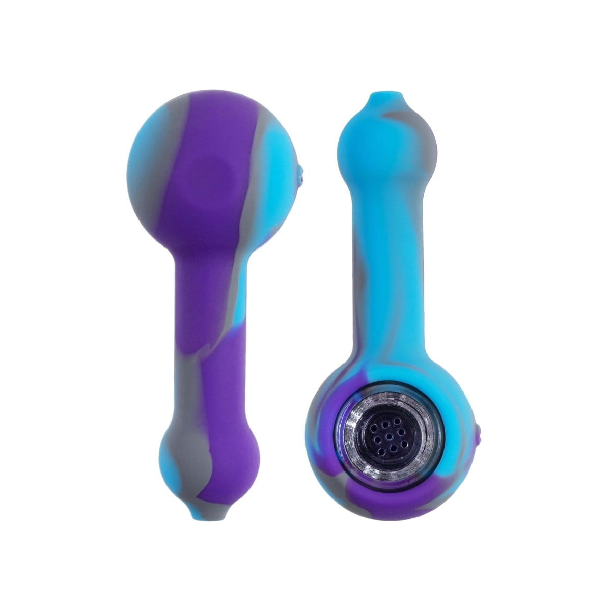 A close-up, angled view of the Silicone Spoon Pipe with Glass Bowl, featuring a colorful, patterned design.