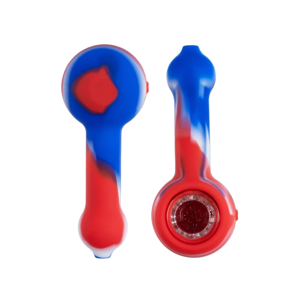 A close-up, angled view of the Silicone Spoon Pipe with Glass Bowl, featuring a red and blue silicone body and clear glass bowl.