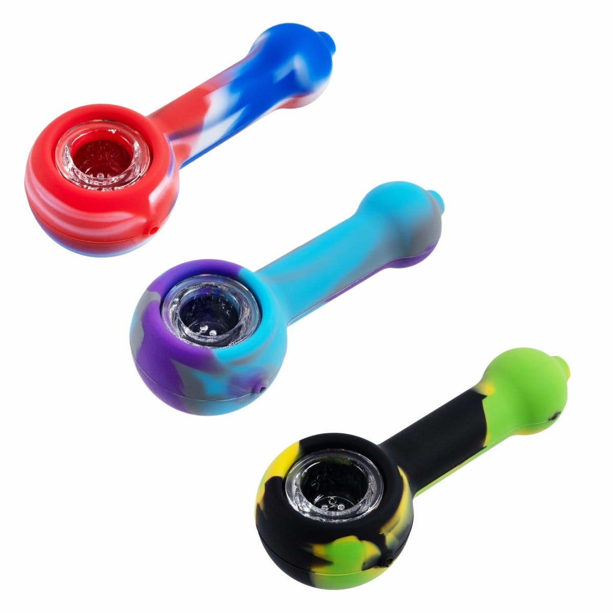 A close-up shows the Silicone Spoon Pipe with Glass Bowl, angled slightly upwards against a plain white background.