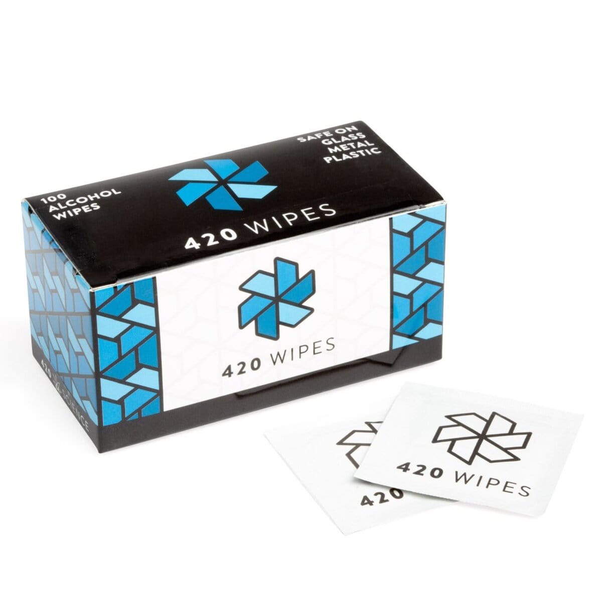 Close-up of the Smoke Cleaning Wipes (100 Pack) packaging, displaying its angular blue and white design from a slightly angled perspective.