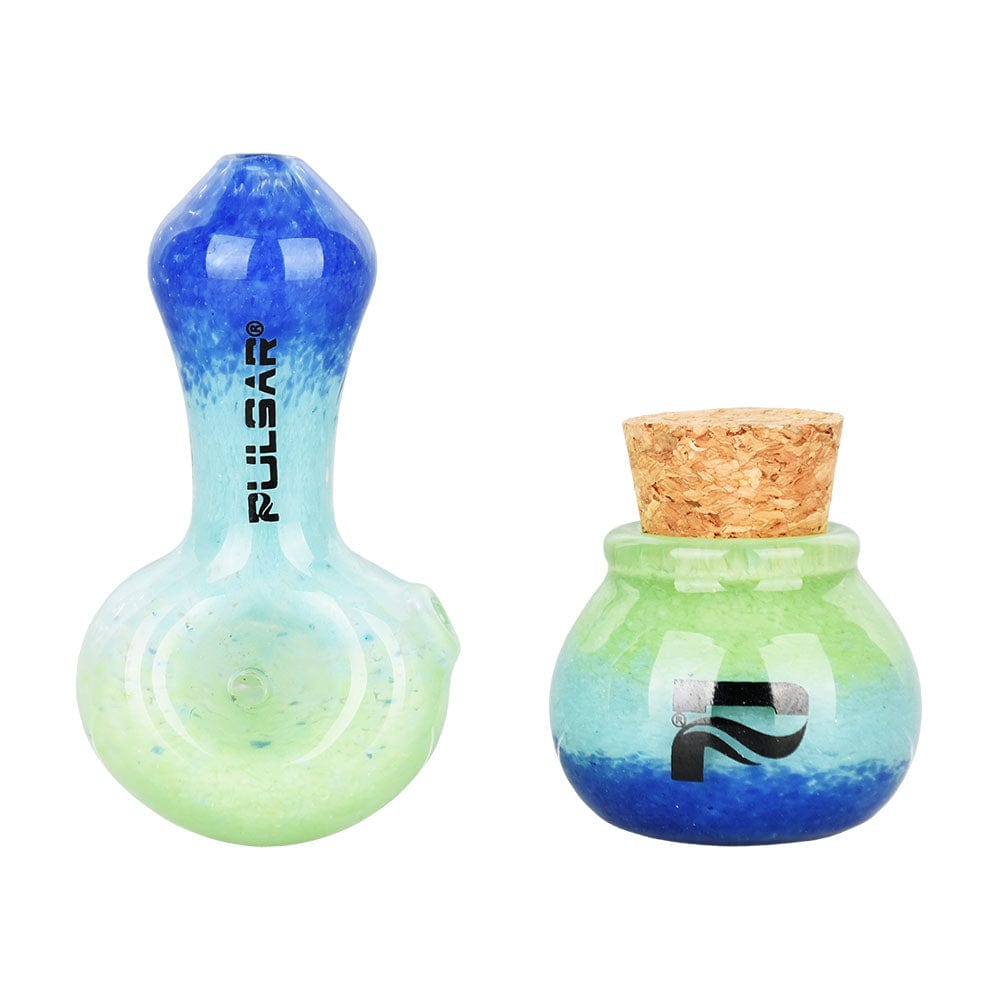 Gift Guru Hand Pipe Blue Green Pulsar Puff & Stash Glass Spoon Pipe & Jar | 2.5"