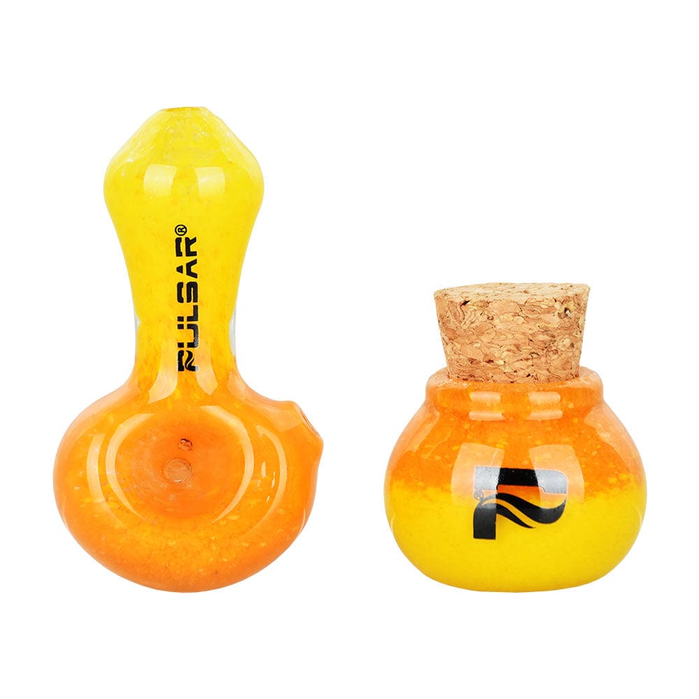 Gift Guru Hand Pipe Yellow Orange Pulsar Puff & Stash Glass Spoon Pipe & Jar | 2.5"
