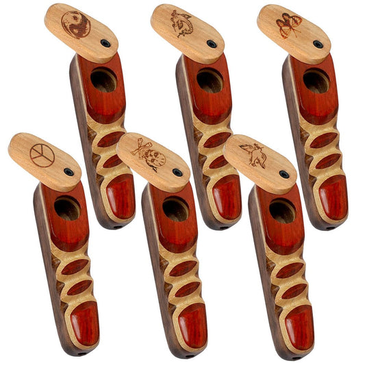 Gift Guru Hand Pipe Wood Spoon Pipe w/ Engraved Swivel Lid - 3.75" / Styles Vary