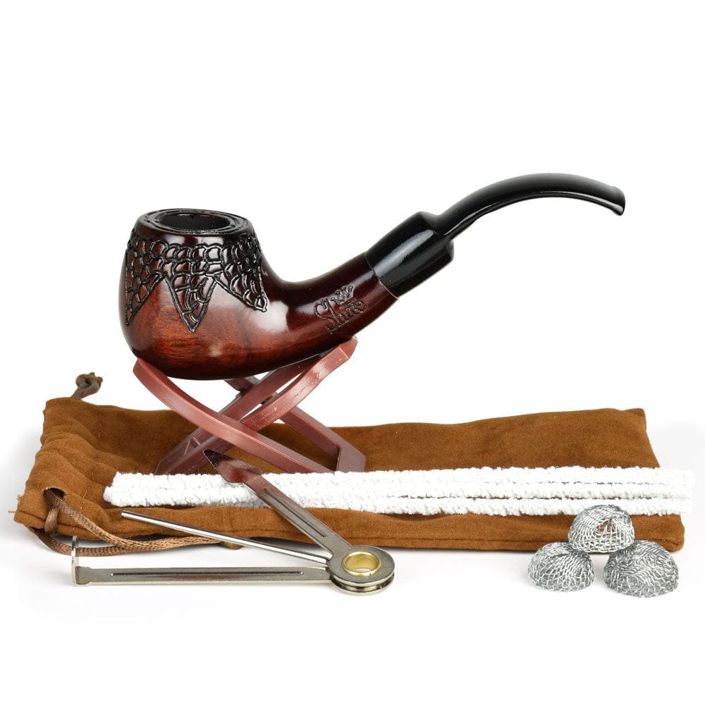 Gift Guru Pulsar Shire Pipes Engraved Bowl Bent Apple Cherry Wood Pipe - 5.5"