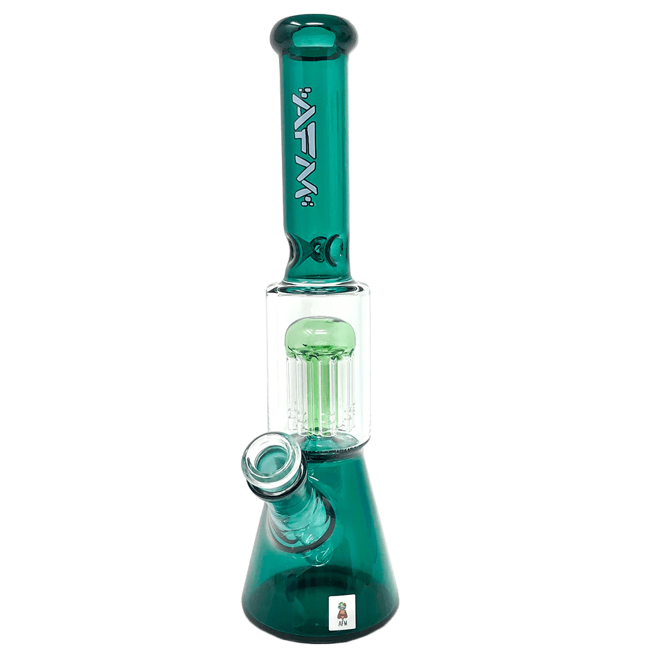 A front view of the 10-inch Tree Perc Beaker, featuring a clear glass construction with a wide base and visible downstem.