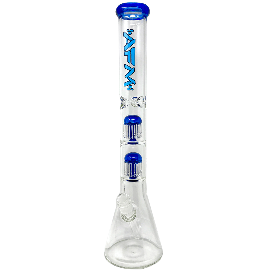 A studio shot of the 18-inch The Double Hitter 9mm Beaker, showcasing its clear glass construction and classic beaker shape.