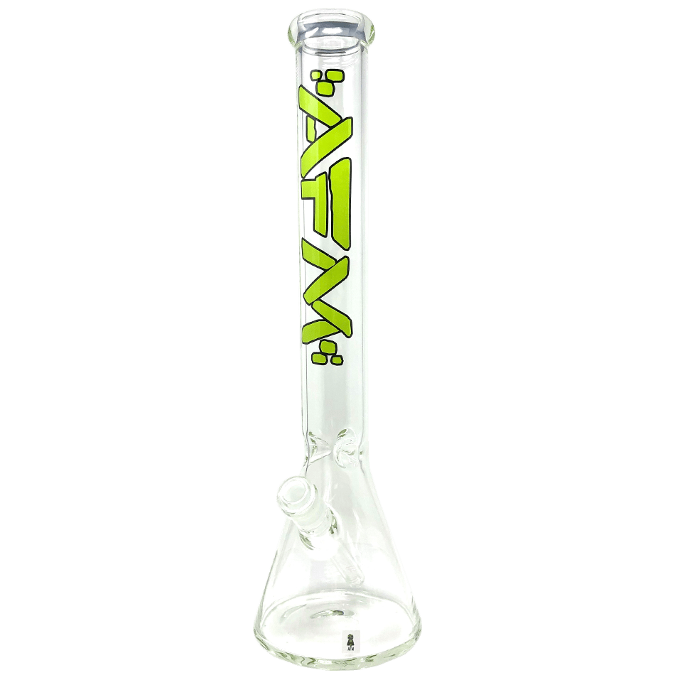 A studio shot of The Beaker 5mm - 18" glass beaker, angled slightly to showcase its clear construction and simple form.