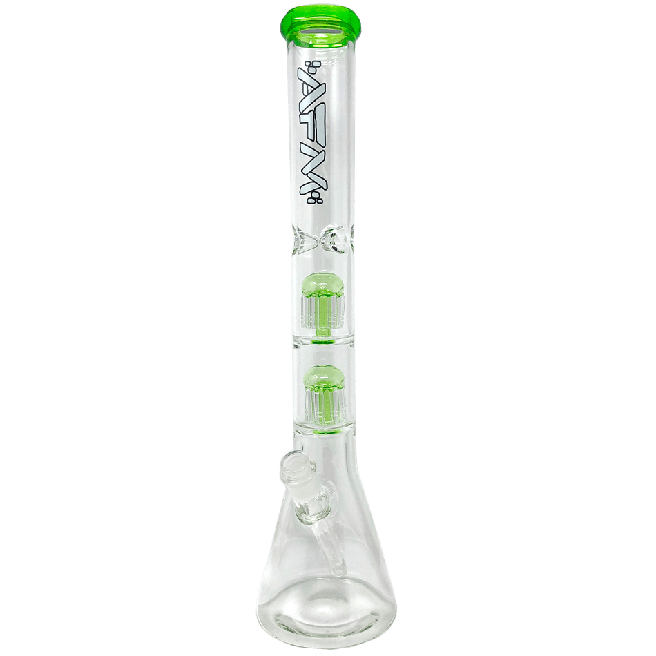 Front view of The Double Hitter 9mm Beaker, an 18-inch tall clear glass beaker with a simple, classic design.
