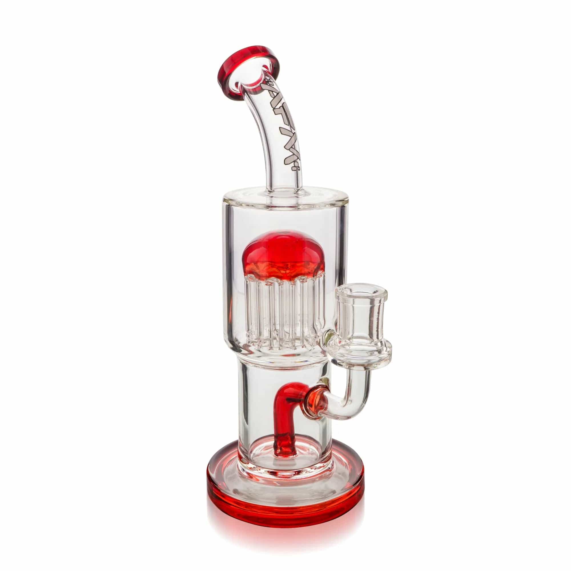 Front view of the 9" Groovy Tree Arm Perc Dab Rig, showcasing its clear glass construction and curved neck design against a plain white background.