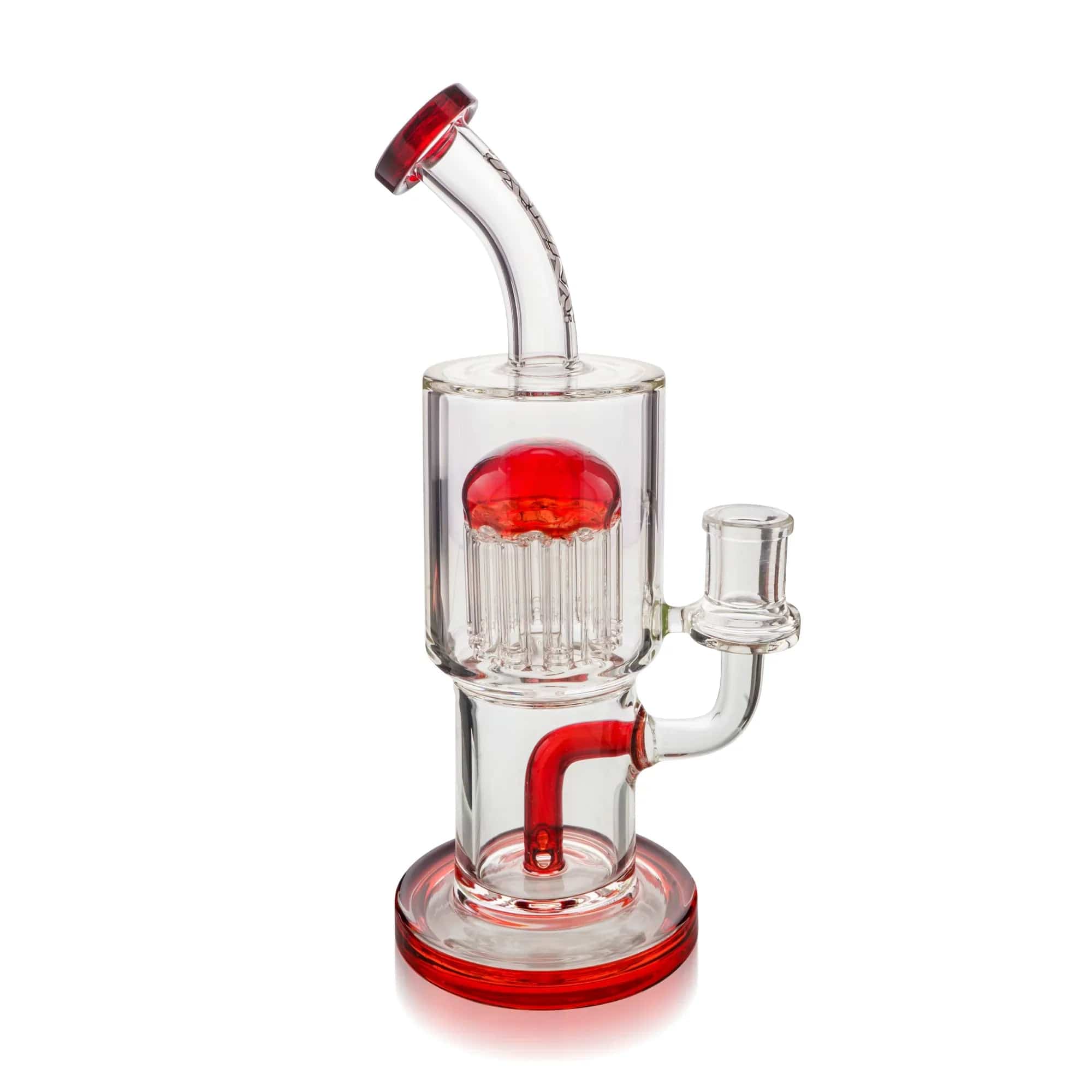 Front view of the 9" Groovy Tree Arm Perc Dab Rig, showing a clear glass rig with a percolator and a curved neck.