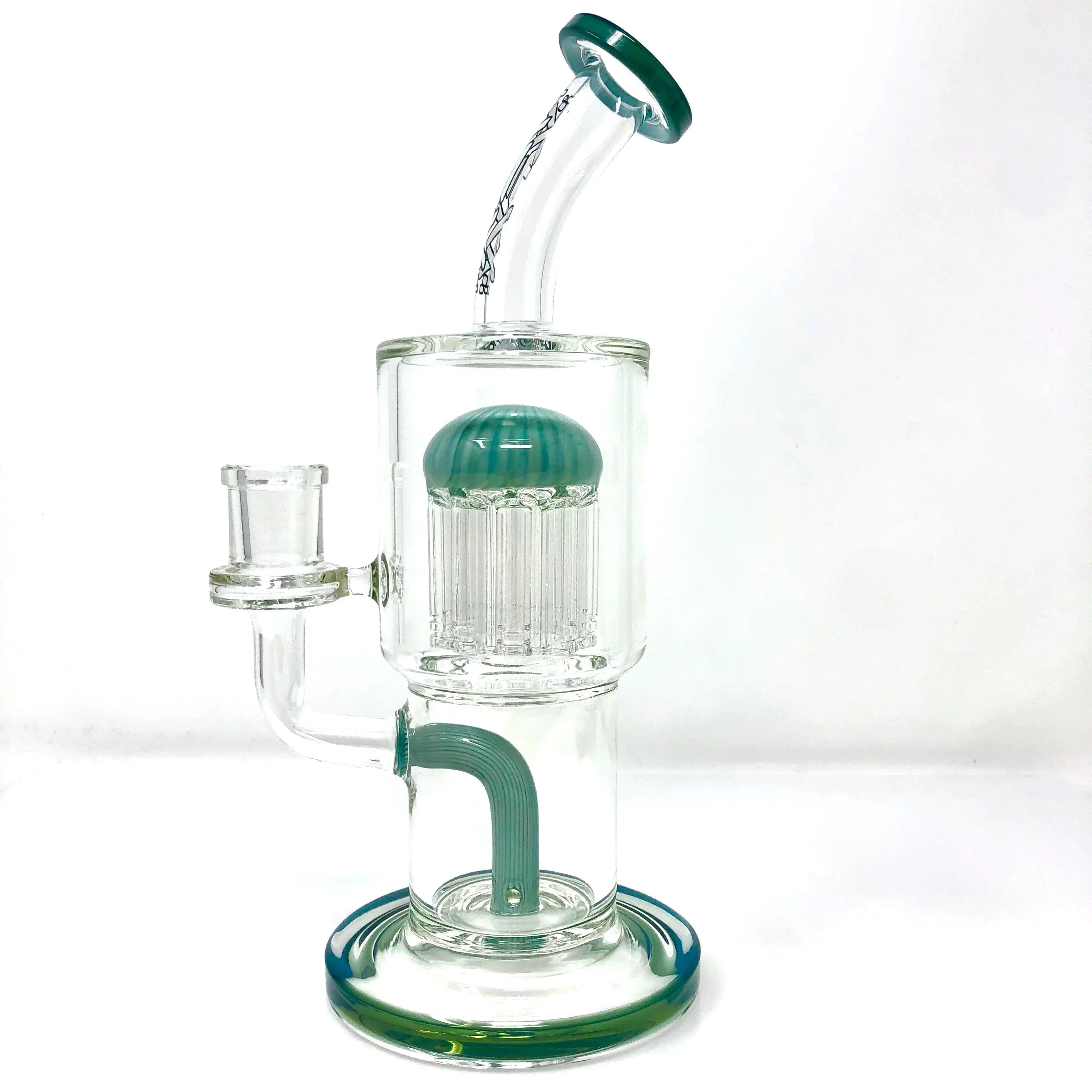 Front view of the 9" Groovy Tree Arm Perc Dab Rig, showcasing the clear glass and uniquely shaped perc chamber.