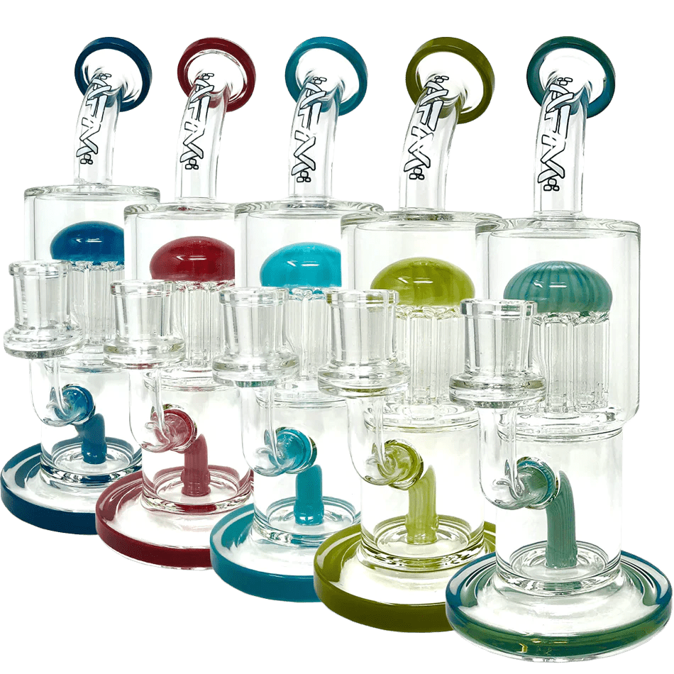 A side view of the 9" Groovy Tree Arm Perc Dab Rig, displaying multiple colorful glass rigs arranged against a plain black backdrop.