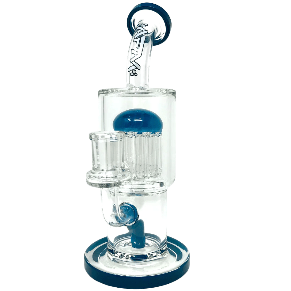 Front view of the 9" Groovy Tree Arm Perc Dab Rig, showing the clear glass rig angled on a black surface.
