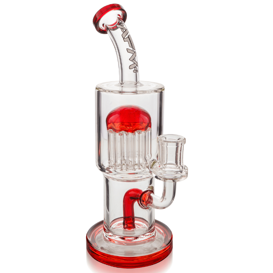 Front view of the 9" Groovy Tree Arm Perc Dab Rig, showcasing its clear glass construction and unique tree-shaped perc diffuser.