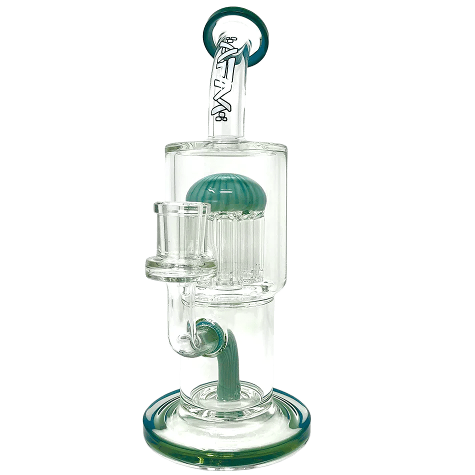 Front view of the 9" Groovy Tree Arm Perc Dab Rig, showcasing its clear glass construction and unique perc design.