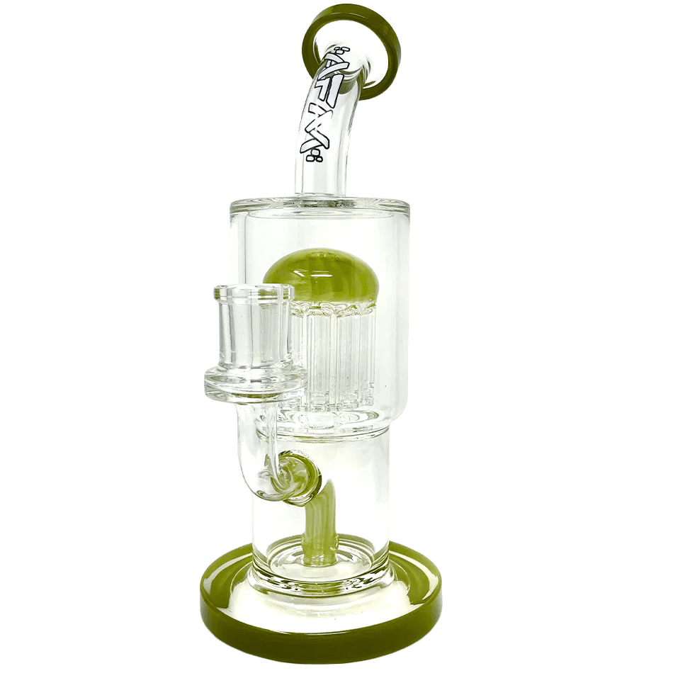 A studio shot of the 9" Groovy Tree Arm Perc Dab Rig with a clear glass body and textured percolator visible from a slight angle.