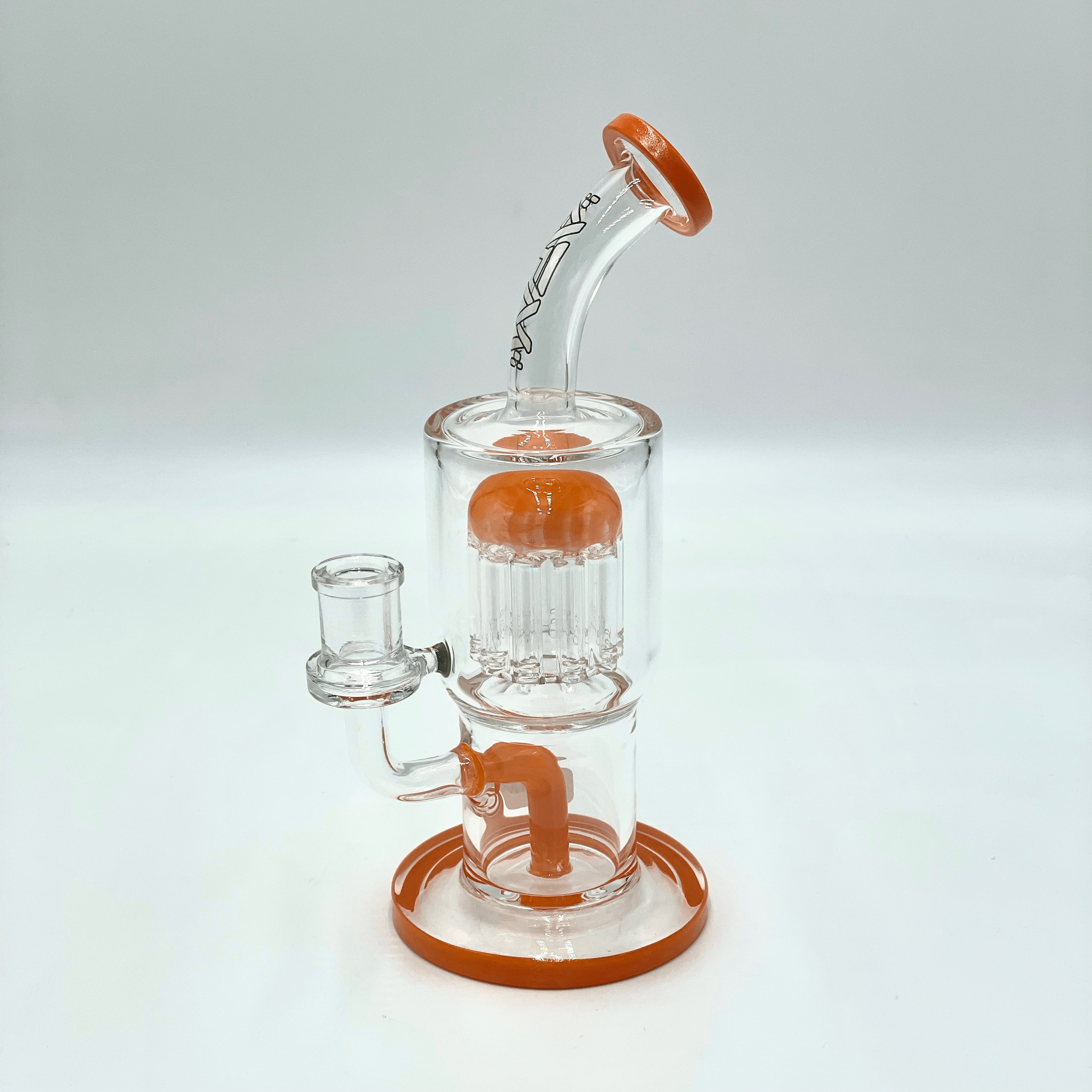 Front view of the 9" Groovy Tree Arm Perc Dab Rig, a clear glass rig with a unique curved design and visible joint.