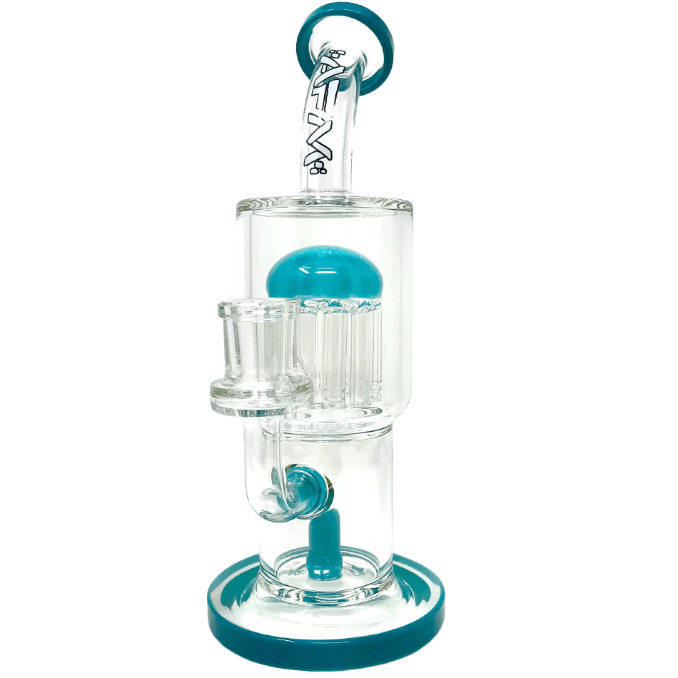 A studio shot of the 9" Groovy Tree Arm Perc Dab Rig, showing its clear glass construction and unique, multi-arm percolator design.