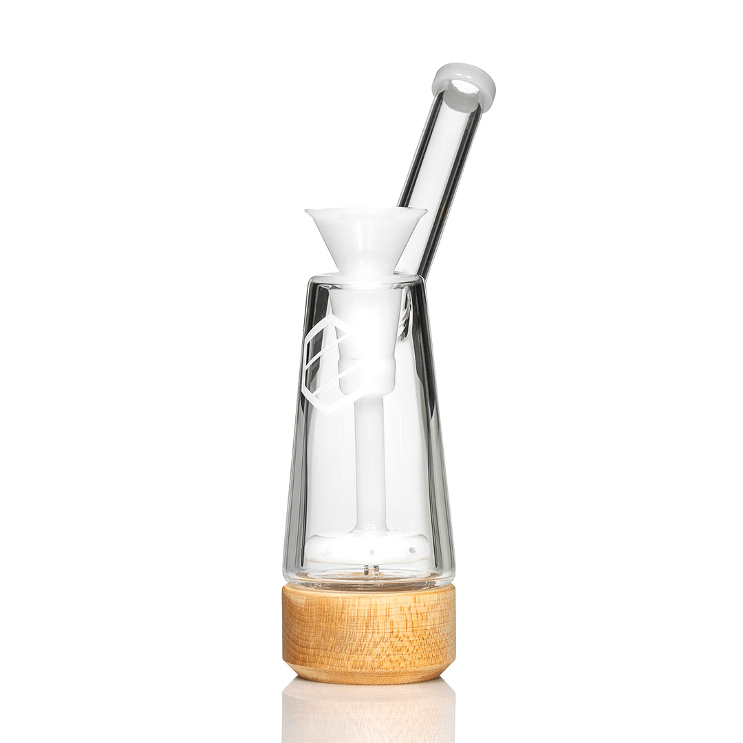 A front view of the Anomaly Drift Bubblers, showcasing the clear glass and wooden base against a white backdrop.