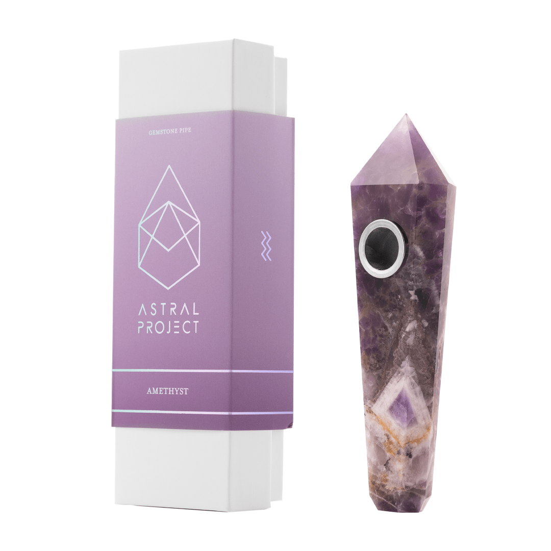 A close-up, angled view of the Gemstone Pipe, showcasing its purple and white marbled texture.