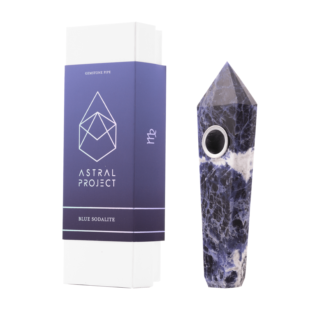 Front view of the Gemstone Pipe, a sculpted smoking piece with a mottled blue and gray pattern.