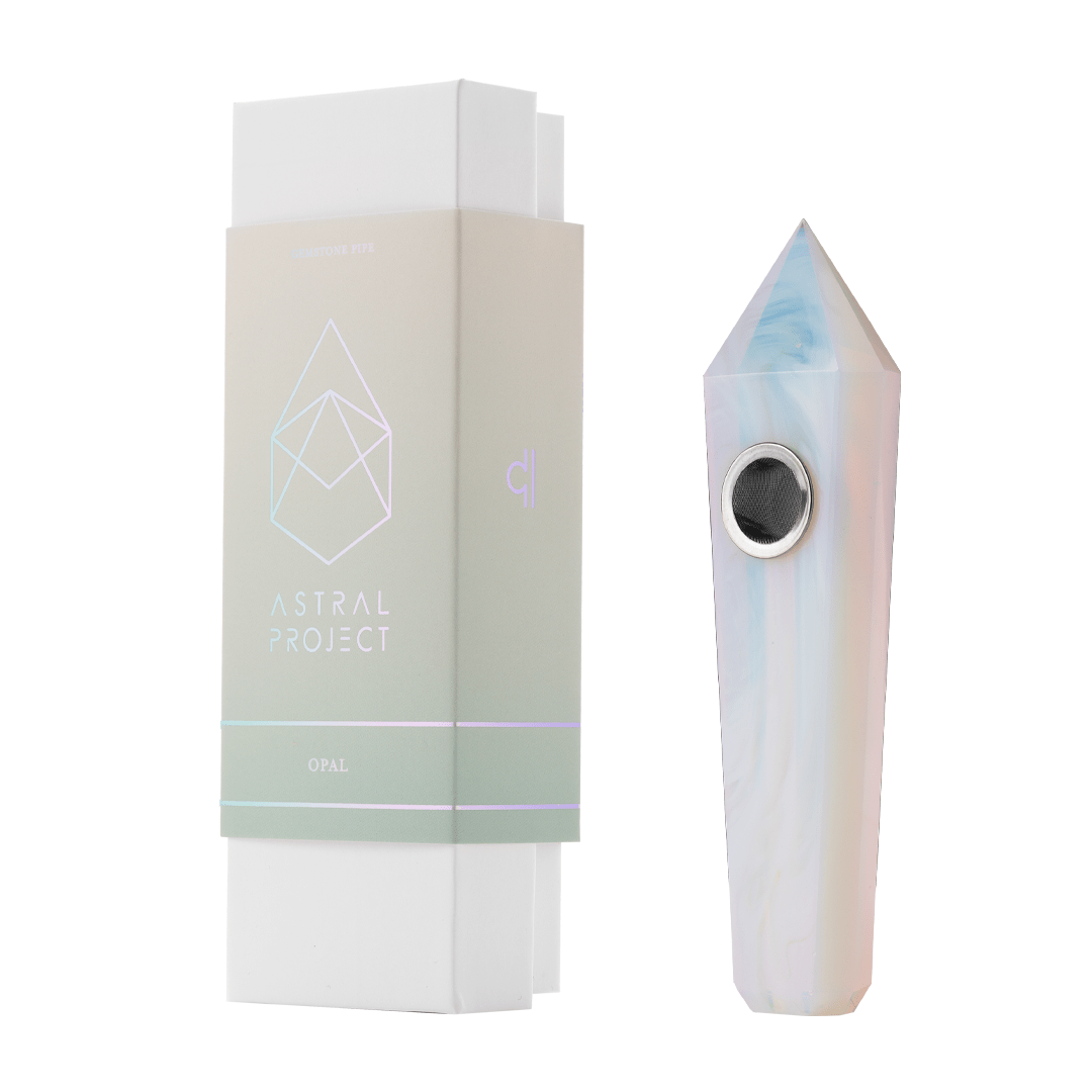 Front view of the Gemstone Pipe, a sculpted glass pipe with a soft, opal-like sheen, isolated on a white background.