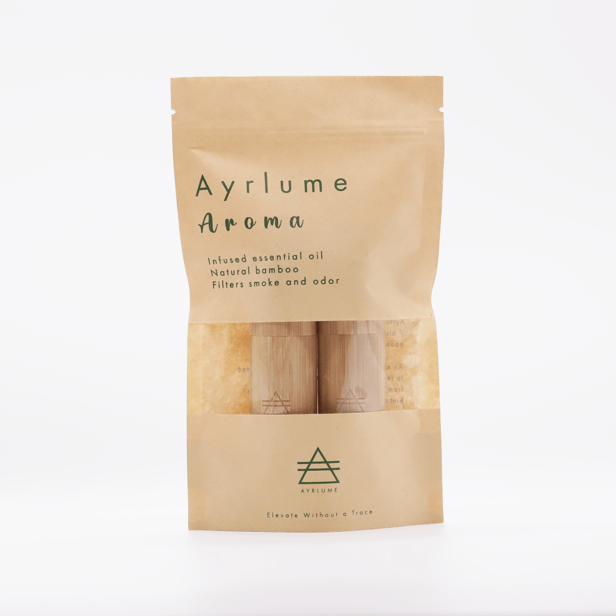 An eye-level shot of the Ayrlume Personal Bamboo Air Filter Lavender Double Pack, showcasing the packaging design.